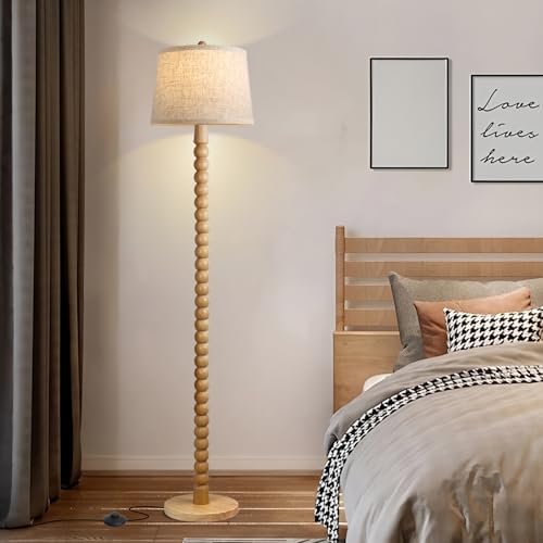 Real Wood Floor Lamp with Linen Shade, 3-Color Bulb