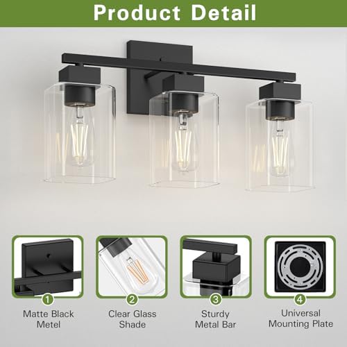 3-Light Matte Black Bathroom Vanity Light with Clear Glass Shades