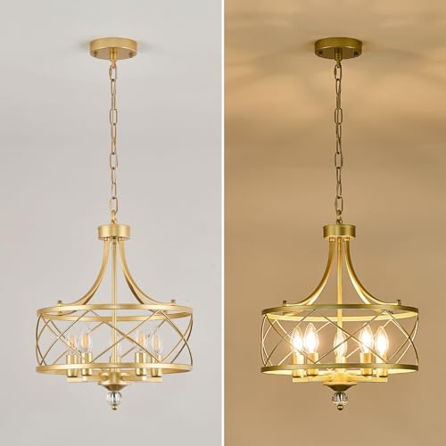 5-Light Gold Metal Pendant Chandelier, 15.2"