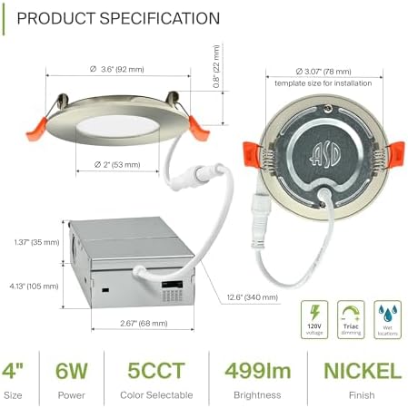 ASD 6 Pack 3 Inch LED Recessed Light 6W, 5 CCT 2700K-5000K CRI90+, IC