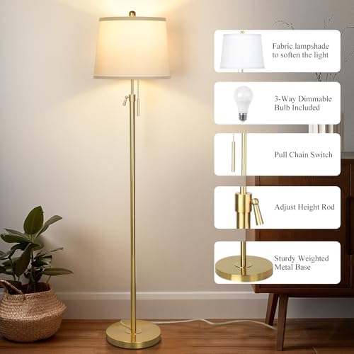 JUNNAI Gold Floor Lamp, 55-65" Adjustable, White Shade