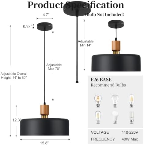 15.8" Black Pendant Light, Walnut Oak Wood and Brass