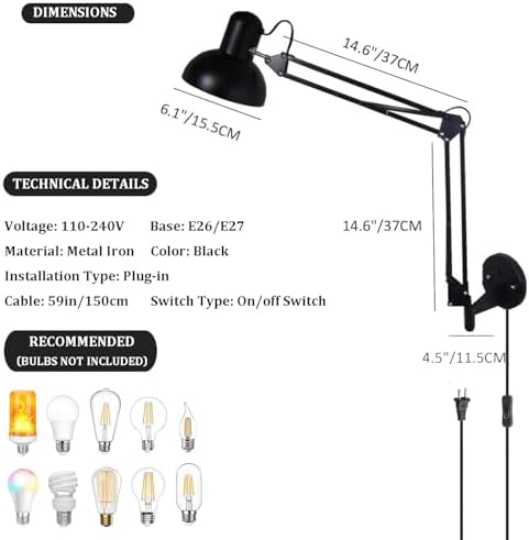 Black Industrial Adjustable Swing Arm Wall Light