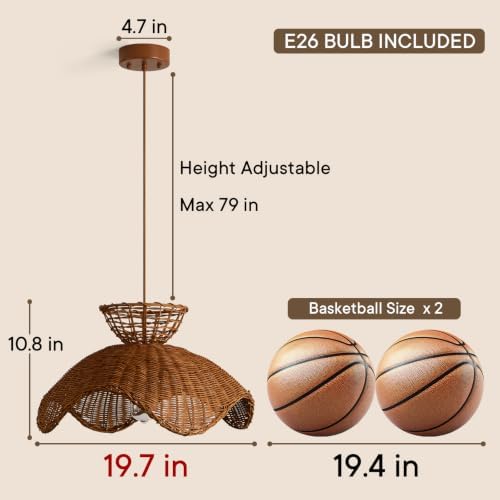 Boho Natural Rattan Pendant Light, 19.7" Scalloped Shade