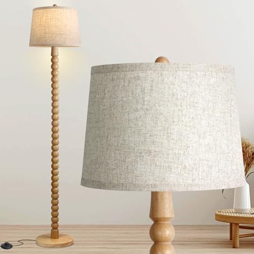 Real Wood Floor Lamp with Linen Shade, 3-Color Bulb