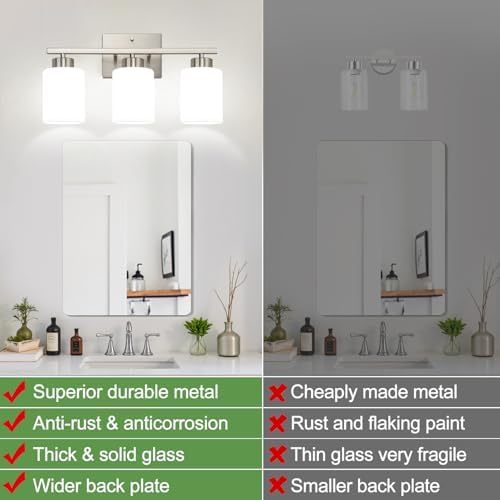 3-Light Brushed Nickel Bathroom Vanity Light with Milk Glass Shades