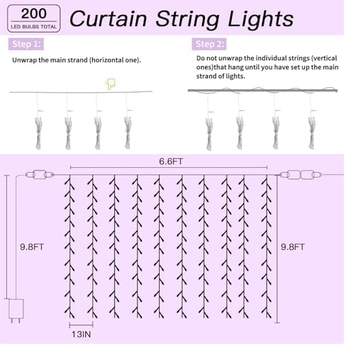 200 LED Multicolor Rainbow Curtain String Lights, 9.8x6.6FT