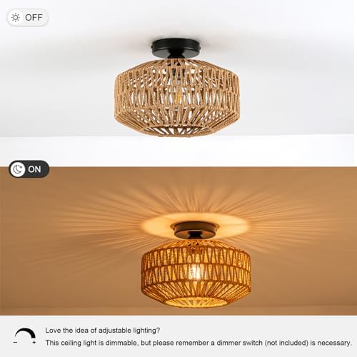Rattan Boho 1-Light Flush Mount Ceiling Light