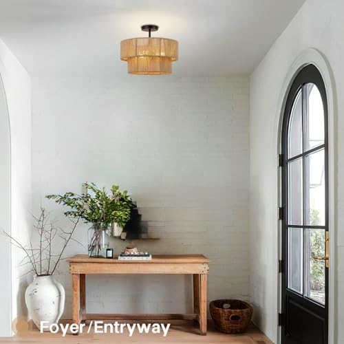 15.7'' Boho Light Fixtures Ceiling Mount, Coastal Hemp rope Semi Flush