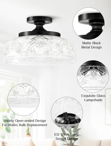 12" Black Vintage Semi Flush Mount Ceiling Light