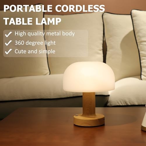 Cordless Rechargeable Mushroom Table Lamp, 3-Color Dimmable
