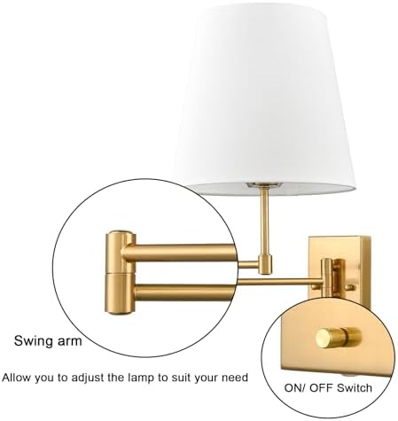 HYDELITE Gold Swing Arm Wall Lamp, Linen Shade