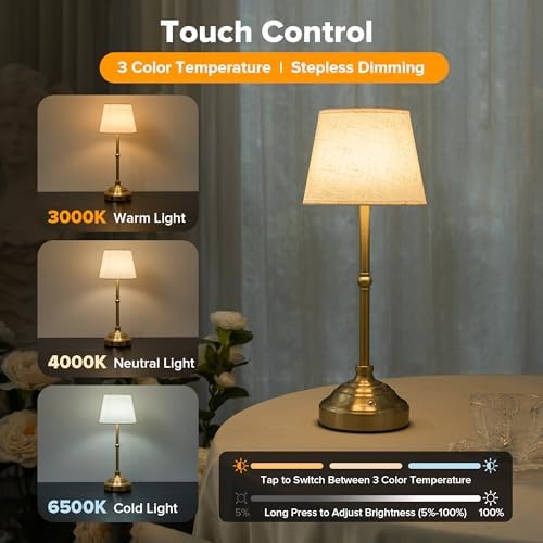 2 Pack Brushed Gold Cordless Table Lamps, 3 Colors