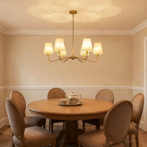 Brass Gold 6-Light Chandelier with Fabric Shade