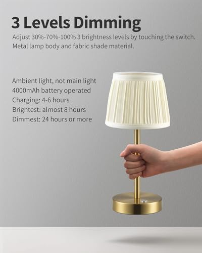 PUSU 2 Pack Gold Cordless Fabric Table Lamps
