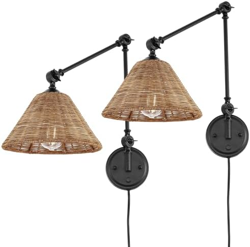 WINGBO Rattan Swing Arm Wall Sconce, Black, 2 Pack