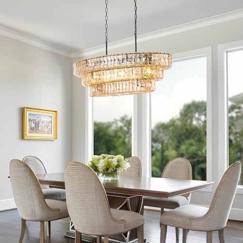 Large Modern Chandelier, Amber Glass Shade