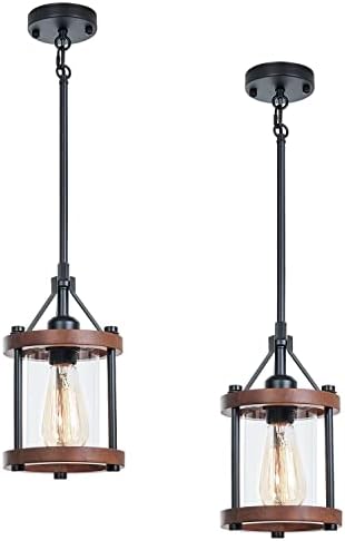 Farmhouse Pendant Light, Walnut Wood Metal Cage with Glass, 2-Pack