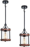 Farmhouse Pendant Light, Walnut Wood Metal Cage with Glass, 2-Pack