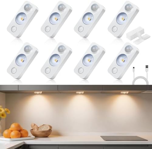 LightingWill 8 Pack USB Rechargeable Motion Sensor Puck Lights