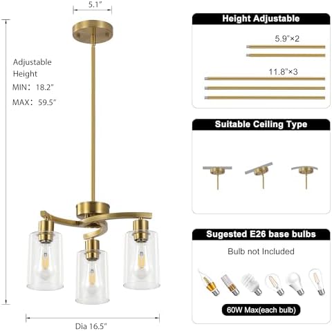 3-Light Brushed Gold Chandelier with Clear Glass Shade
