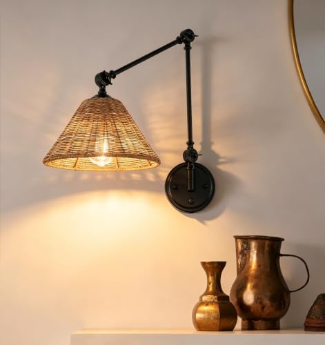 WINGBO Rattan Swing Arm Wall Sconce, Black, 2 Pack