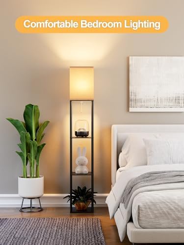 Floor Lamp with Shelves, 3 CCT LED Bulb, White Linen Shade