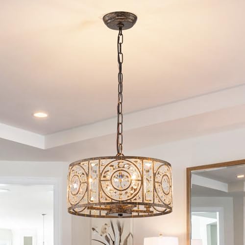 Bronze Vintage Crystal Chandelier, 14.17" Drum Pendant Light