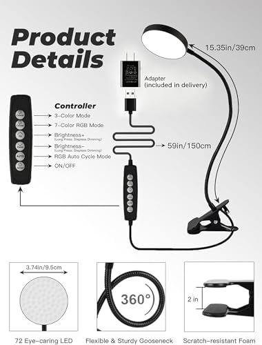 Clip on Light,10 RGB Colors+10 Brightness Small Desk Lamp with Clamp