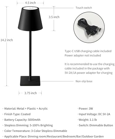 KDG 2 Pack Cordless Black Table Lamps