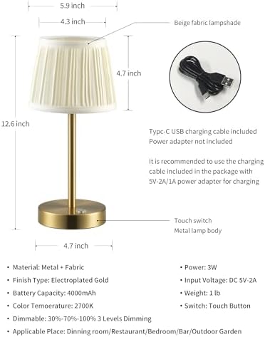PUSU 2 Pack Gold Cordless Fabric Table Lamps