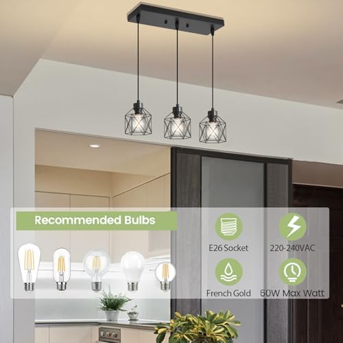 3-Light Black Hanging Pendant Light Fixture