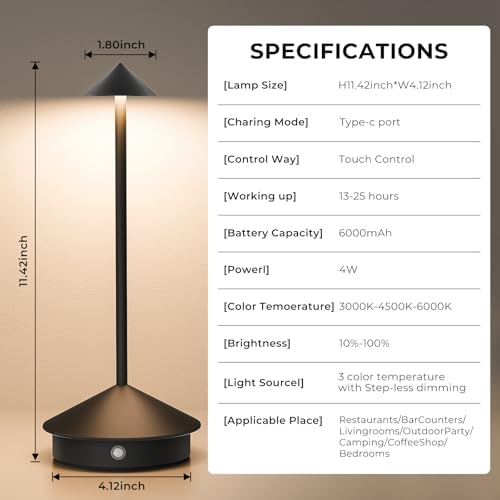 2 Pack Cordless Table Lamps, 6000mAh Rechargeable
