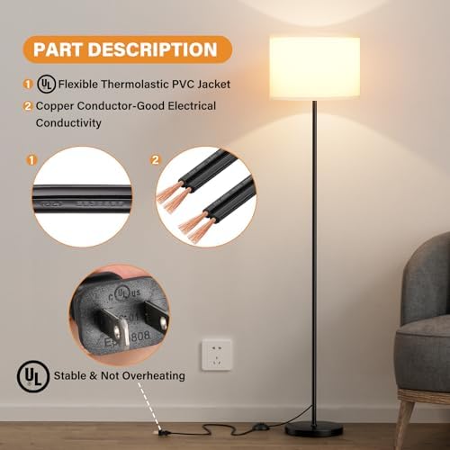 Modern Floor Lamp with White Shade, Foot Pedal Switch