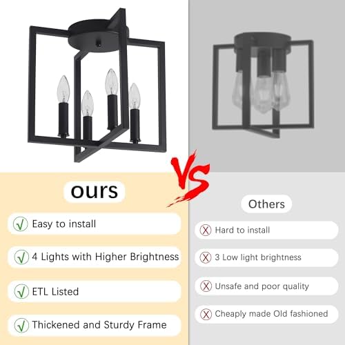 4-Light Black Semi Flush Mount Ceiling Light Fixture