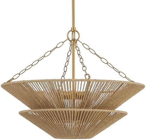 5-Light Gold Rattan Chandelier, Farmhouse Pendant Light