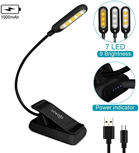 VAVOFO Rechargeable Clip-on Reading Light, 7 LEDs, Black