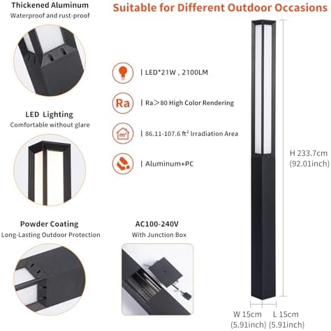 92" Tall Landscape Path Light, 100-240V Bollard