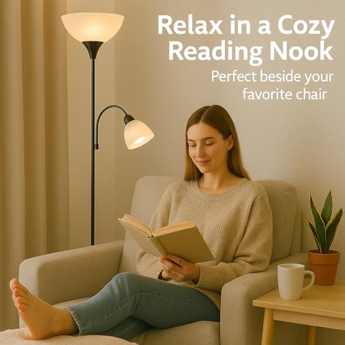 Adjustable Black Floor Lamp with Reading Light, 72"