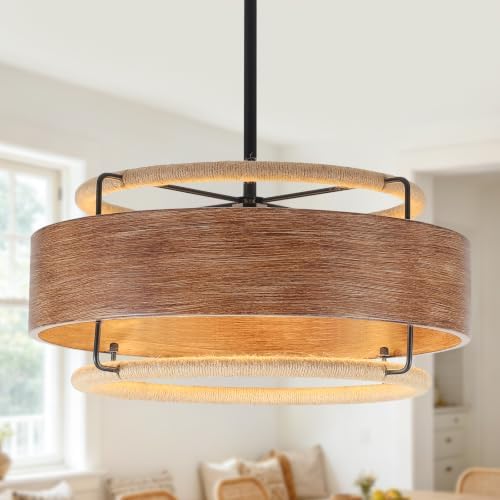 19.5" Farmhouse Rattan Chandelier, 4-Light