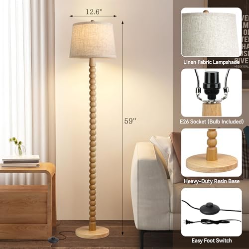 Real Wood Floor Lamp with Linen Shade, 3-Color Bulb
