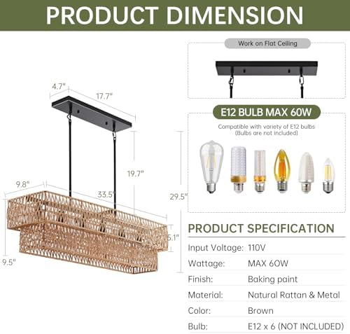 6-Light 34” Boho Rattan Linear Chandelier