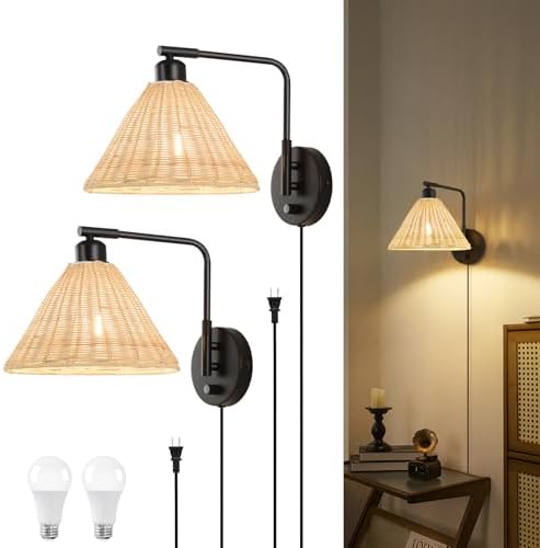 Black Rattan Plug-in Wall Sconces, Set of 2