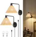 Black Rattan Plug-in Wall Sconces, Set of 2