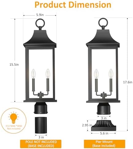 23.6" Waterproof Outdoor Post Light with Pier Mount Base