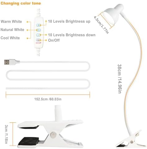 Clip-On USB Reading Lamp, 3 Color Modes