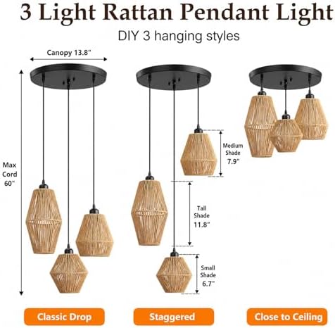 3-Light Hand-Woven Rattan Pendant Light