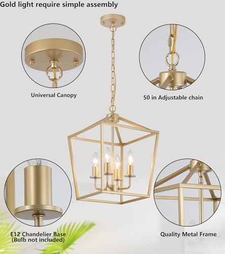 Industrial 4-Light Chandelier, Gold Metal Cage