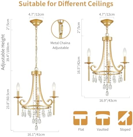 Small 3-Light Gold Crystal Chandelier