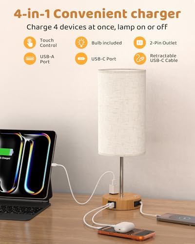 17.7" Touch Bedside Table Lamp with USB A+C